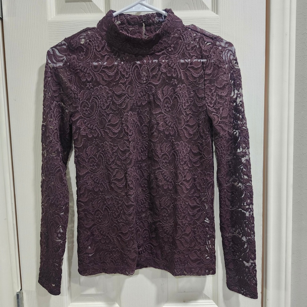 LOFT Women XS Petite Brown Floral Lace Mock Neck Long Sleeve Blouse Top
